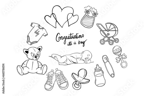 Digital png illustration of conratulations to a boy text and baby's things on transparent backgroud photo