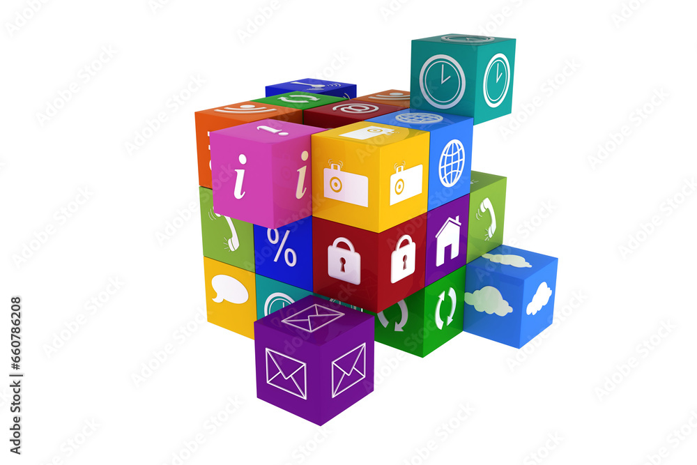 Digital png illustration of pile of blocks with digital icons on transparent background Digital png illustration of pile of blocks with digital icons on transparent background