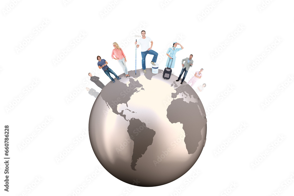 Digital png illustration of people with diverse jobs on globe on transparent background Digital png illustration of people with diverse jobs on globe on transparent background