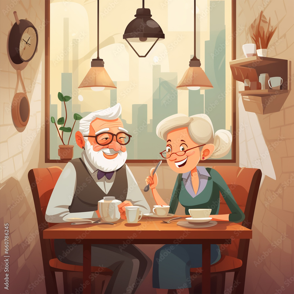 Joyful elderly and old people have lunch in a cafe Joyful elderly and old people have lunch in a cafe