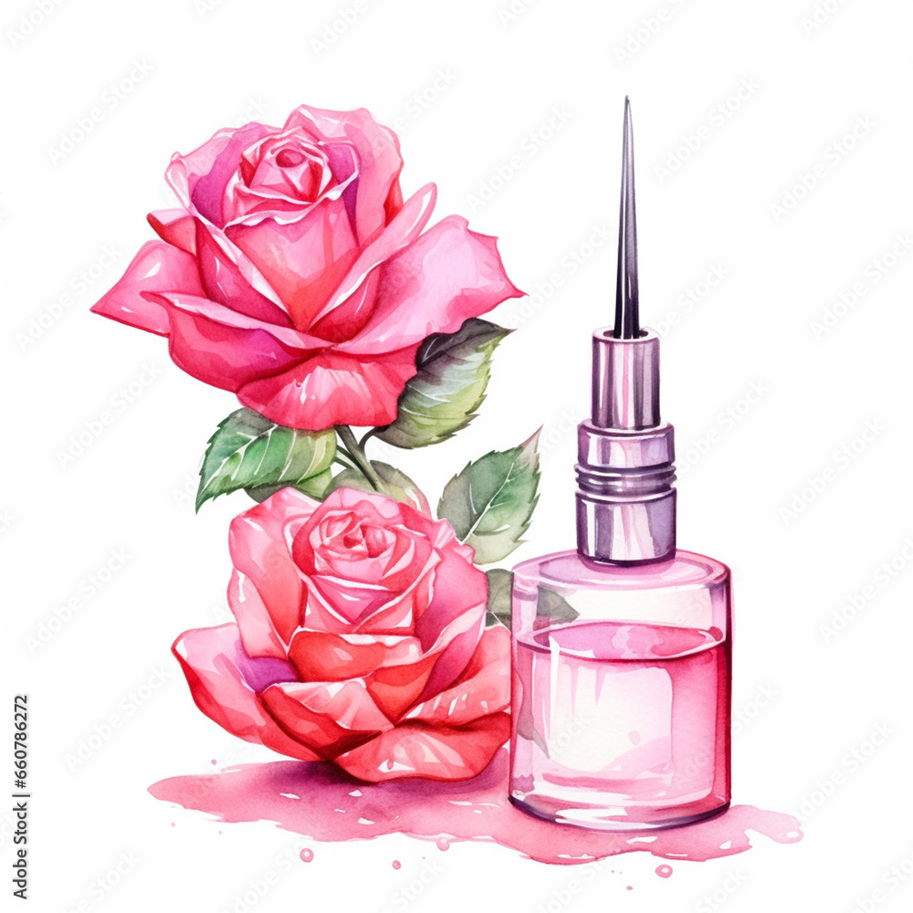 Perfume with rose extract in watercolor style Perfume with rose extract in watercolor style