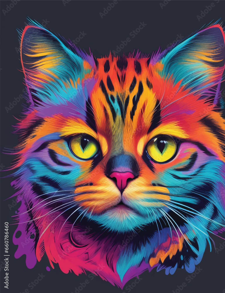 Cat face in colorful neon art design vector illustration. Techno Tabby: Neon Cat Face Delight.