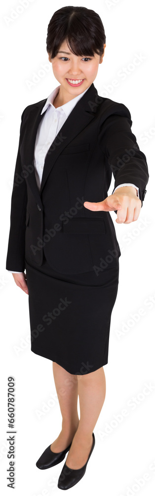 Digital png photo of happy asian businesswoman pointing finger on transparent background