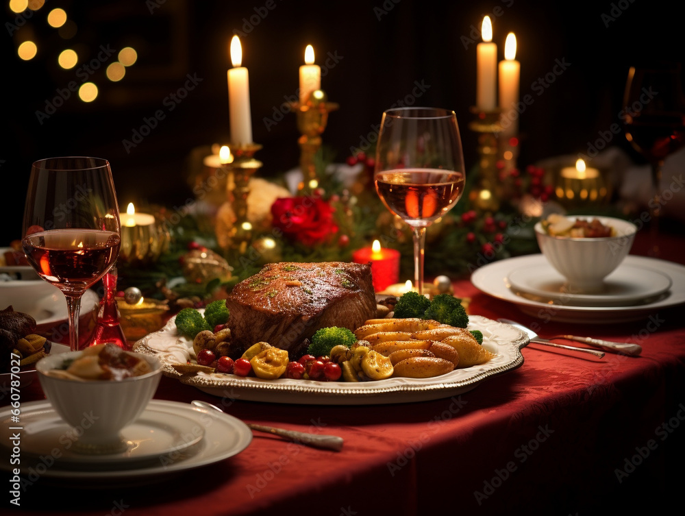 Elegant Christmas dinner table, celebration candle, glasses, plates, Christmas tree	