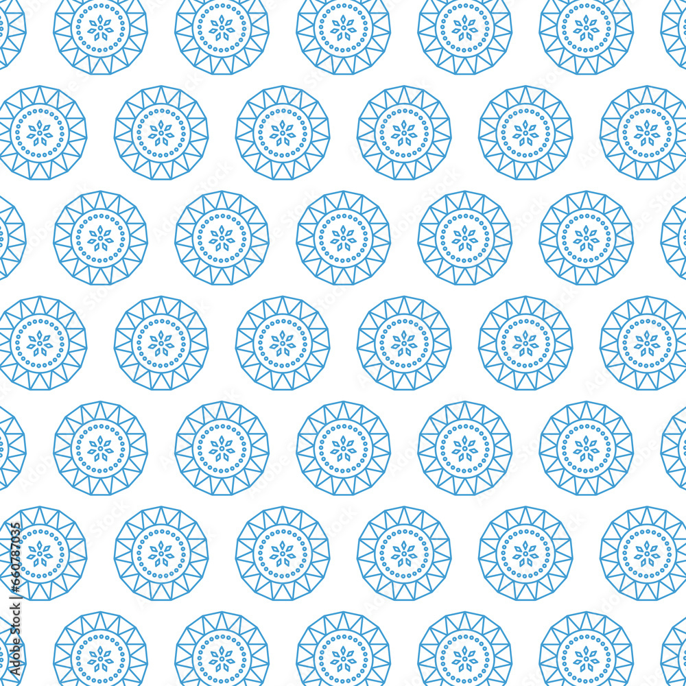 Digital png illustration of blue rosettes in circles repeated on transparent background