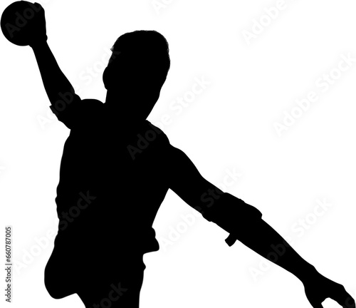 Digital png silhouette of male handball player during game on transparent background