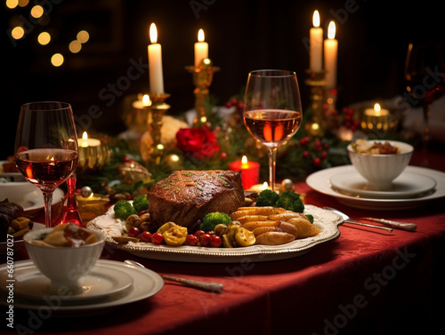 Elegant Christmas dinner table, celebration candle, glasses, plates, Christmas tree 