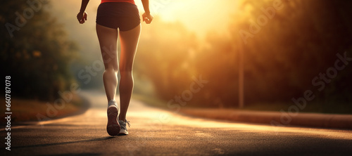 Back view of Young woman doing exercise walking and run on country road in the morning with sunrise background. Close Up legs. Concept of health and lifestyle.