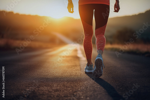Back view of Young woman doing exercise walking and run on country road in the morning with sunrise background. Close Up legs. Concept of health and lifestyle.
