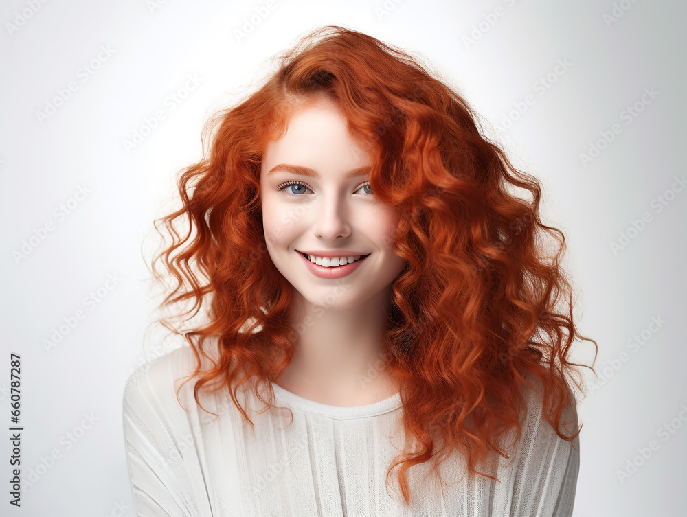 Portrait of beautiful cheerful redhead girl with flying curly hair smiling laughing looking at camera over white background. Portrait of beautiful cheerful redhead girl with flying curly hair smiling laughing looking at camera over white background.