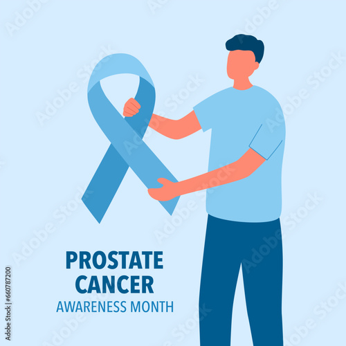 World prostate cancer awareness month. Man holding blue ribbon logo in flat design.