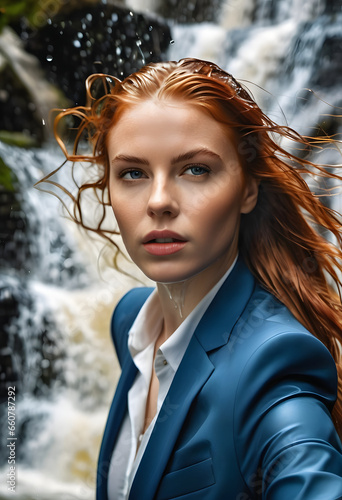 A determined female executive stands near a flowing waterfall, exuding confidence. photo