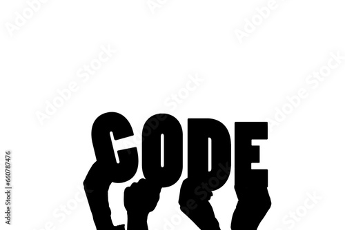 Digital png illustration of hands and code text on transparent background