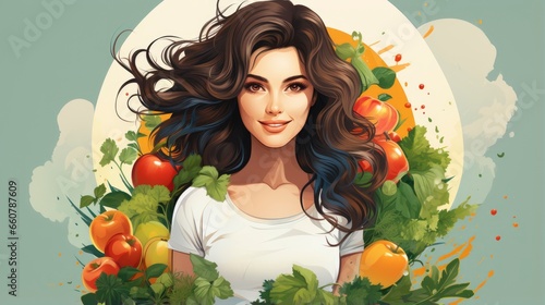 Colorful Woman Healthy eating and nutrition cartoon  Cartoon Graphic Design  Background HD For Designer
