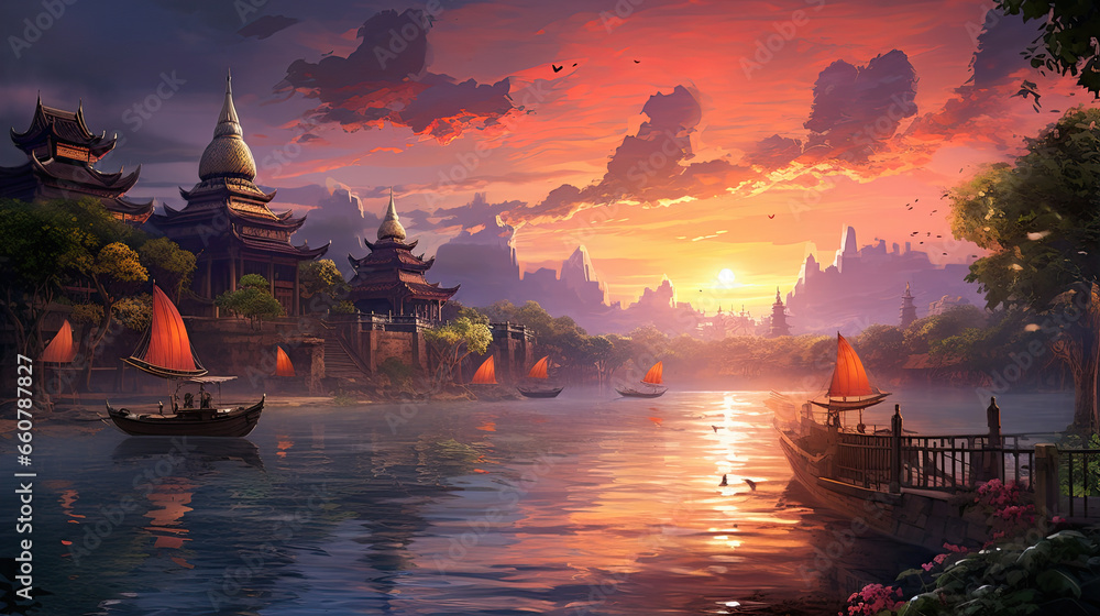 painting style illustration Souteast Asian, Thai style ancient vintage town beside river at sunset time
