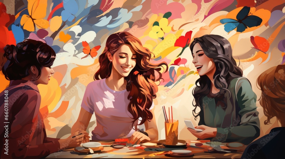 Colorful Woman Socializing with friends, Cartoon Graphic Design, Background HD For Designer - obrazy, fototapety, plakaty 
