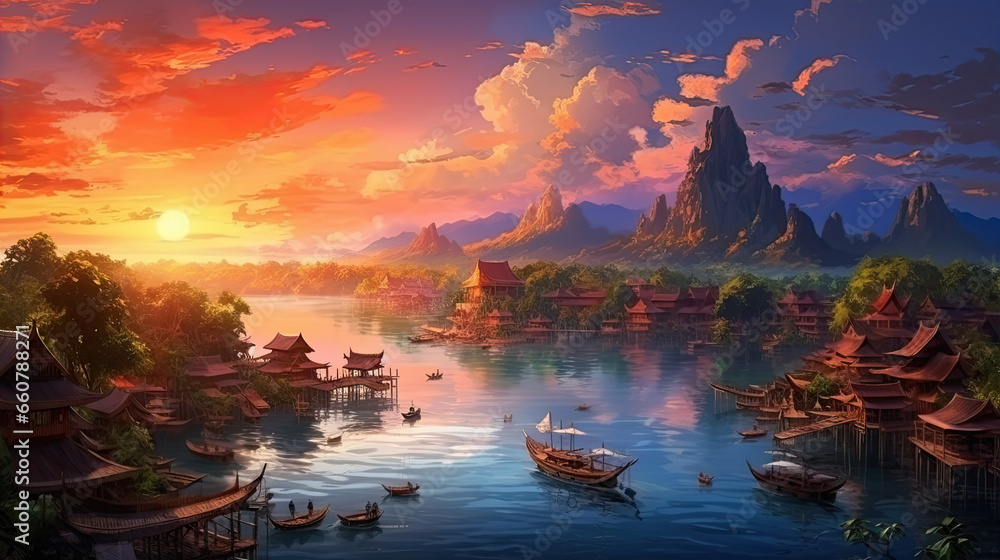 painting style illustration Souteast Asian, Thai style ancient vintage town beside river at sunset time