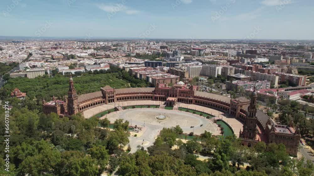 Seville, Spain, aerial view of Plaza de Espana (Spain Square) and Sevilla cityscape. Seville, Spain, aerial view of Plaza de Espana (Spain Square) and Sevilla cityscape.