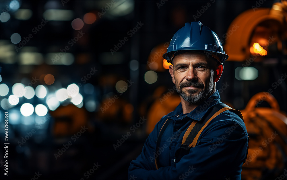 A diligent industry maintenance engineer stands tall, dressed in his professional uniform complemented by a safety hard hat A diligent industry maintenance engineer stands tall, dressed in his professional uniform complemented by a safety hard hat