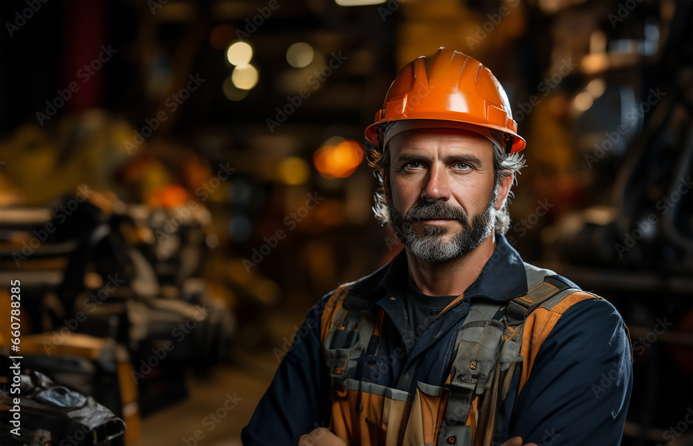 A diligent industry maintenance engineer stands tall, dressed in his professional uniform complemented by a safety hard hat A diligent industry maintenance engineer stands tall, dressed in his professional uniform complemented by a safety hard hat