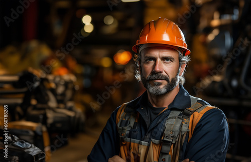 A diligent industry maintenance engineer stands tall, dressed in his professional uniform complemented by a safety hard hat