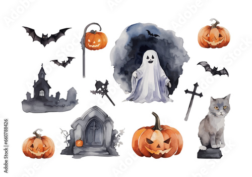 Watercolor spooky halloween theme witch collection set elements design, ghost, pumpkin, bat, grave, castle, black cat vector illustration