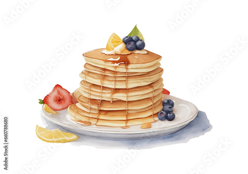 Pancakes with maple syrup, fresh berries, and strawberry watercolor. Element design isolated white background vector illustration