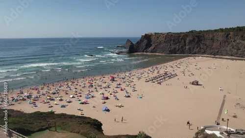 Aerial View of Sunny Day At Beautiful Beach With Cliffs In Costa Vicentina, Alentejo, Portugal