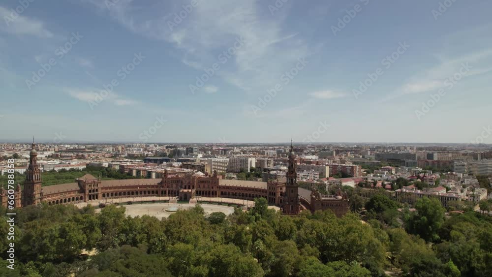 Seville, Spain, aerial view of Plaza de Espana (Spain Square) and Sevilla cityscape. Seville, Spain, aerial view of Plaza de Espana (Spain Square) and Sevilla cityscape.
