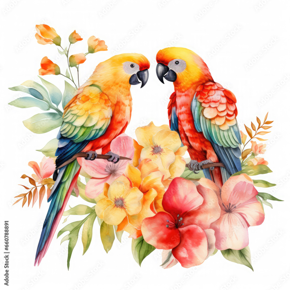 Obraz premium Parrot flower and fruit Illustration, Generative Ai