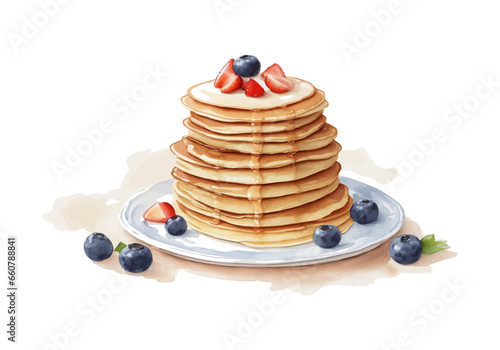 Watercolor pancakes with fresh berries, strawberry, and maple syrup. Element design isolated white background vector illustration