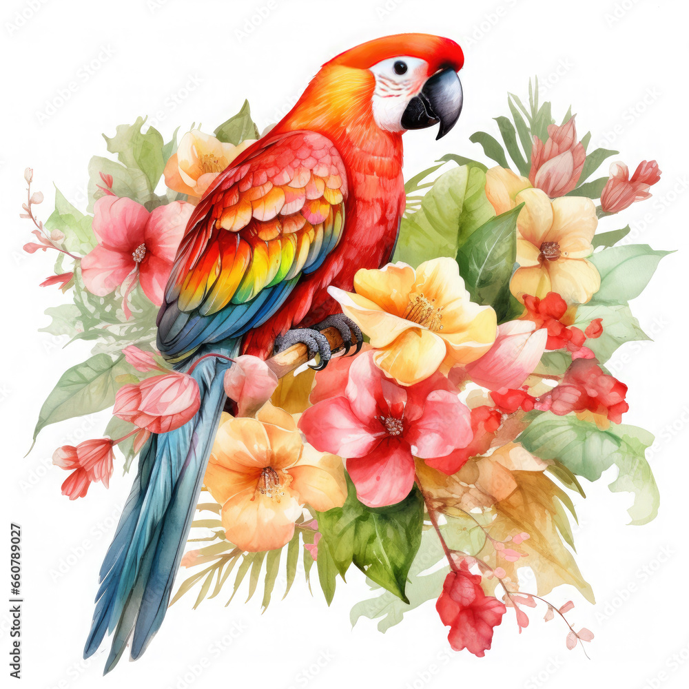 Obraz premium Parrot flower and fruit Illustration, Generative Ai