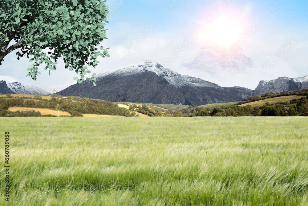 Digital png photo of landscape of field, trees and mountains on transparent background