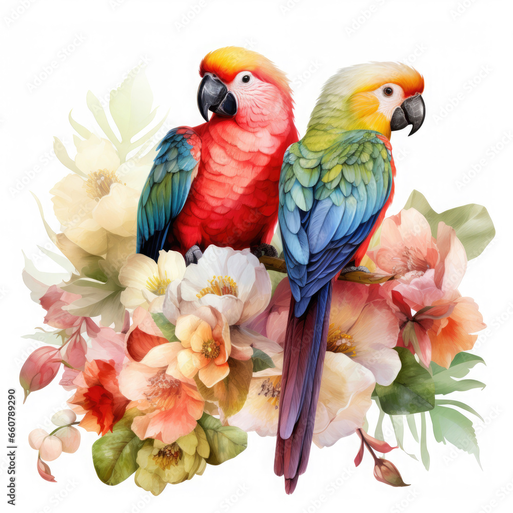 Parrot flower and fruit Illustration, Generative Ai Parrot flower and fruit Illustration, Generative Ai