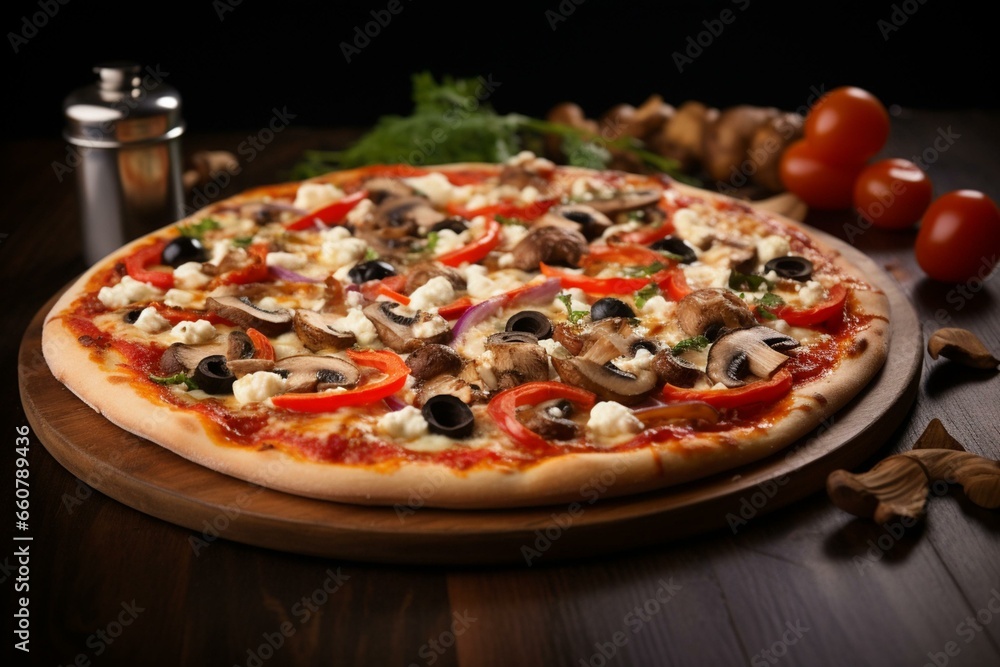Delicious pizza topped with mushrooms, tomatoes, sweet peppers, olives, onions, and feta cheese. Generative AI