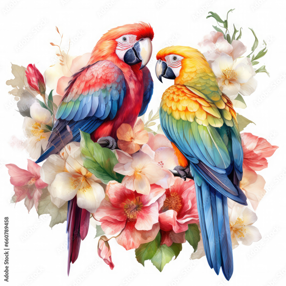 Obraz premium Parrot flower and fruit Illustration, Generative Ai