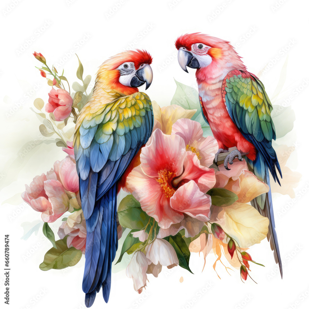Obraz premium Parrot flower and fruit Illustration, Generative Ai