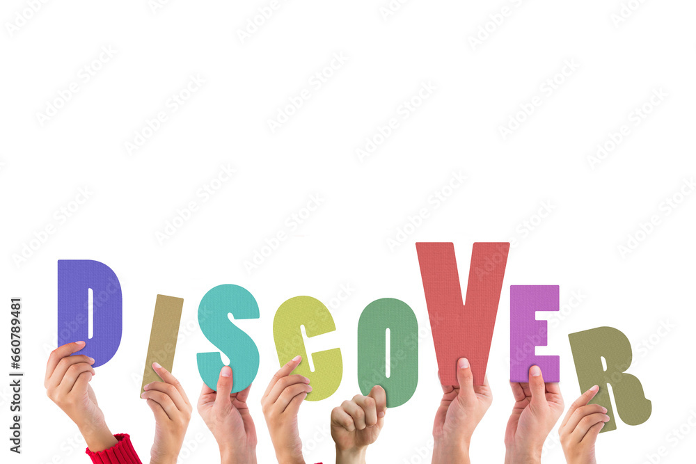 Digital png illustration of hands holding discover text on transparent background Digital png illustration of hands holding discover text on transparent background