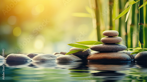 States of mind  meditation  feng shui  relaxation  nature  zen concept. Bamboo  rocks and water 