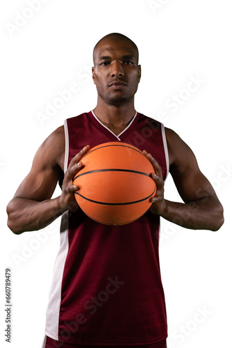 Digital png photo of african american male basketball player with ball on transparent background
