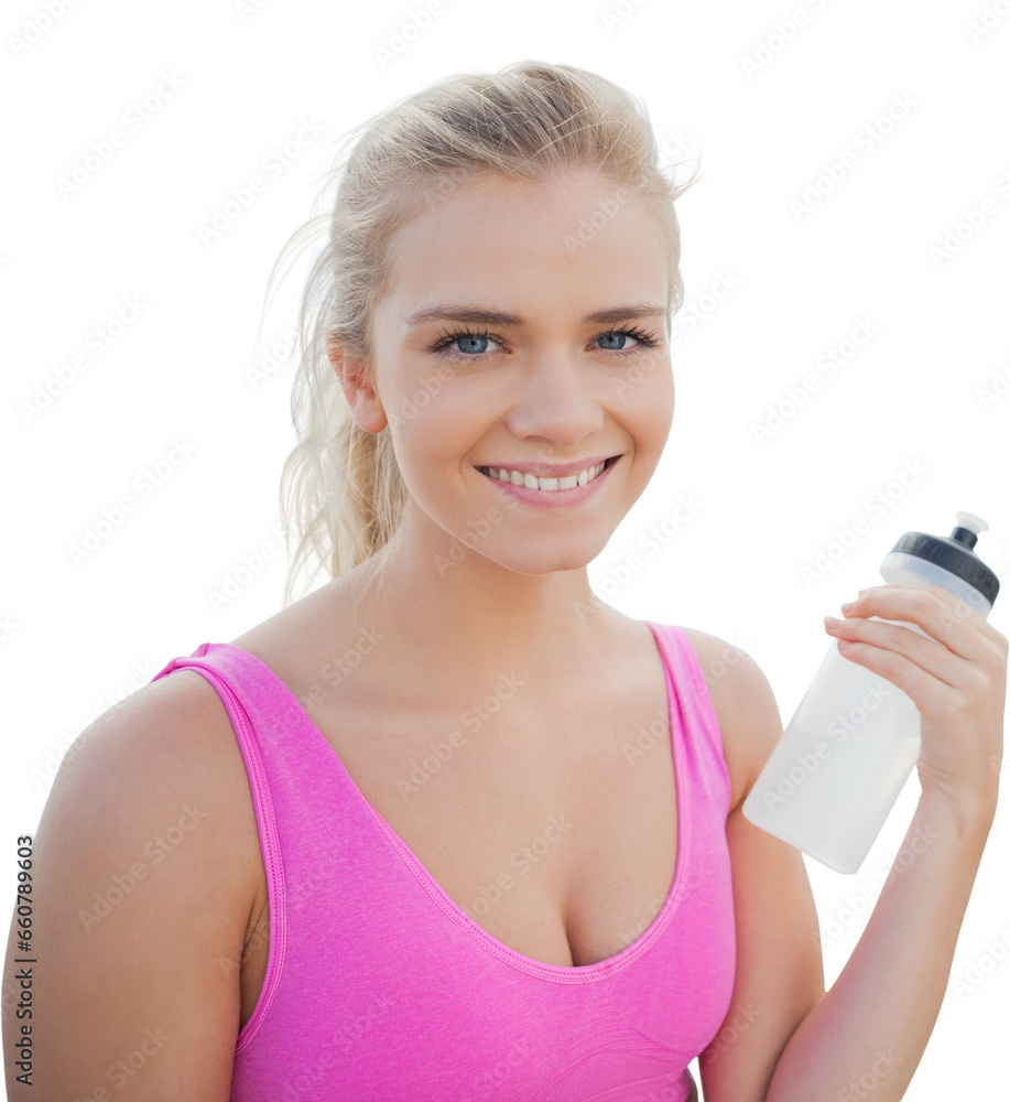 Digital png photo of happy caucasian woman with bottle of water on transparent background Digital png photo of happy caucasian woman with bottle of water on transparent background