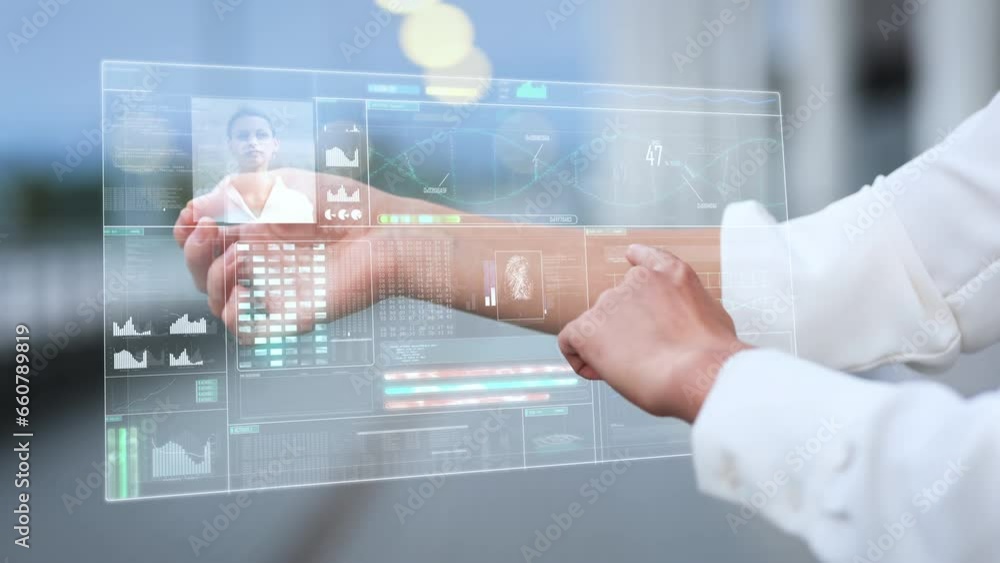 Microship implant in woman arm fingerprint activation shows digital passport and biometric data of person in 3D hud overlay Microship implant in woman arm fingerprint activation shows digital passport and biometric data of person in 3D hud overlay