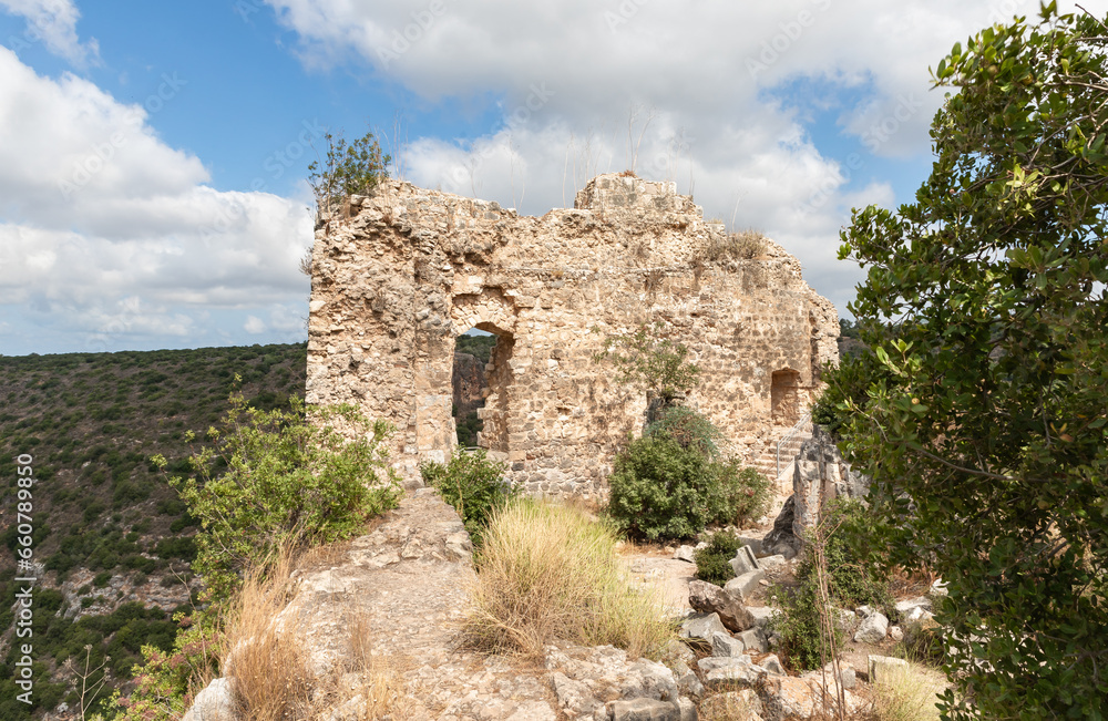The remains  of outer fortress walls in ruins of residence of Grand Masters of Teutonic Order in ruins of the castle of the Crusader fortress located in the Upper Galilee in northern Israel