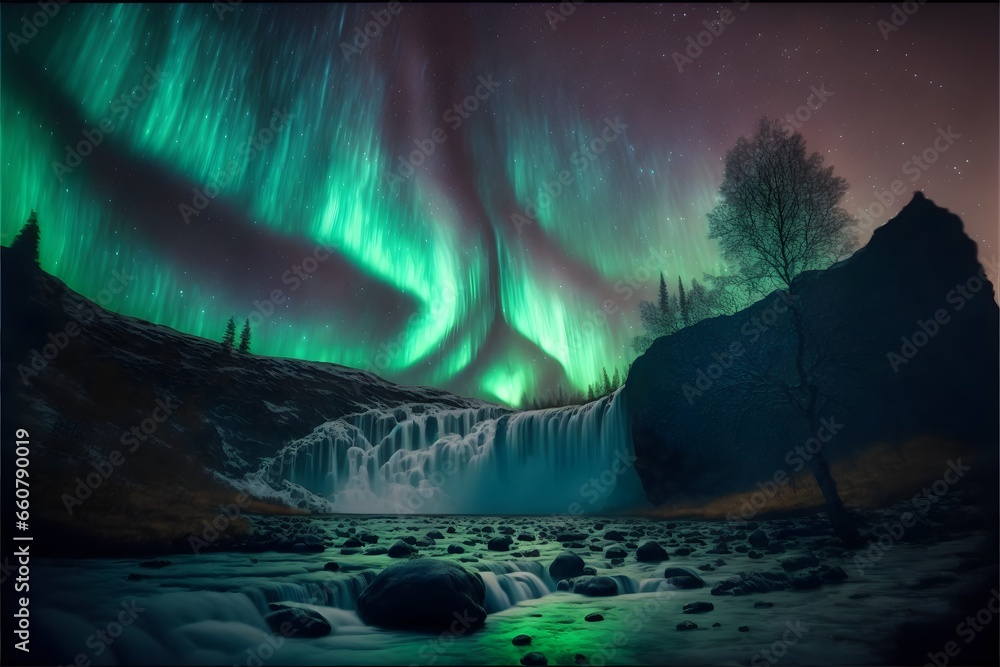 big flowing waterfall glowing many trees behind starry sky many aurora borealis green background super realistic hyper detailed dramatic lighting 8k  - obrazy, fototapety, plakaty 