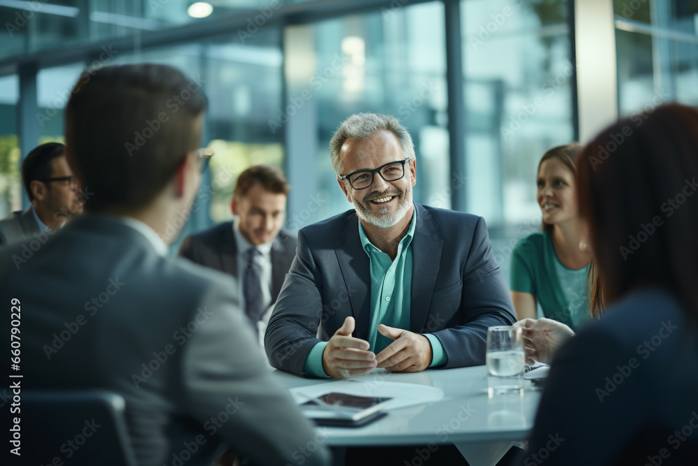 Business, lifestyle concept. Executive man speaking to group of people in office. Business man surrounded with colleagues employees listening speech. Generative AI Business, lifestyle concept. Executive man speaking to group of people in office. Business man surrounded with colleagues employees listening speech. Generative AI