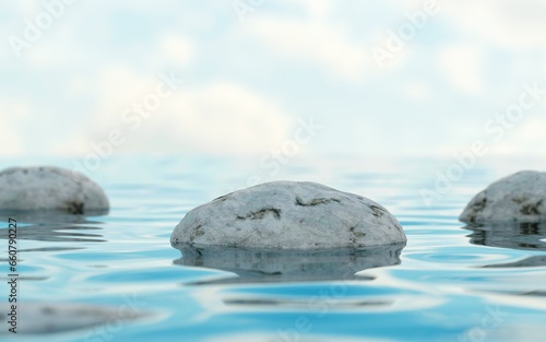 Stone podium on blue water background. product or cosmetic display stands, skincare and medicine advertisement mock up High quality 3d render. Abstract 3d render platform cool tone Minimal background 