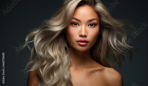 Beautiful Asian woman with long hair on a solid background