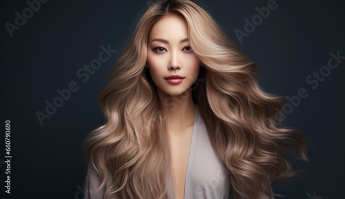 Beautiful Asian woman with long hair on a solid background © JuanM