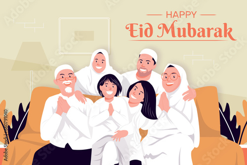 Hand drawn eid al-fitr family illustration background photo