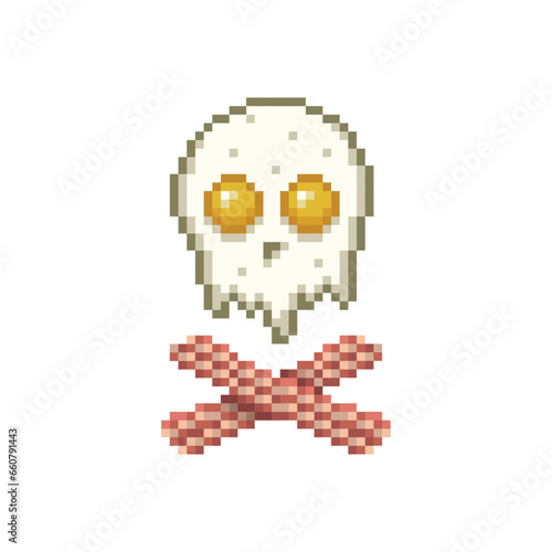 Eggs and bacon in the shape of a skull, pixel art food